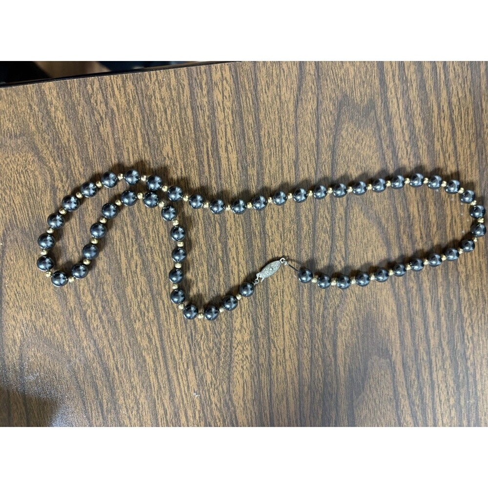 Vintage Heavy Black Hematite Style Bead Necklace Gold Tone Spacer Beads Box
